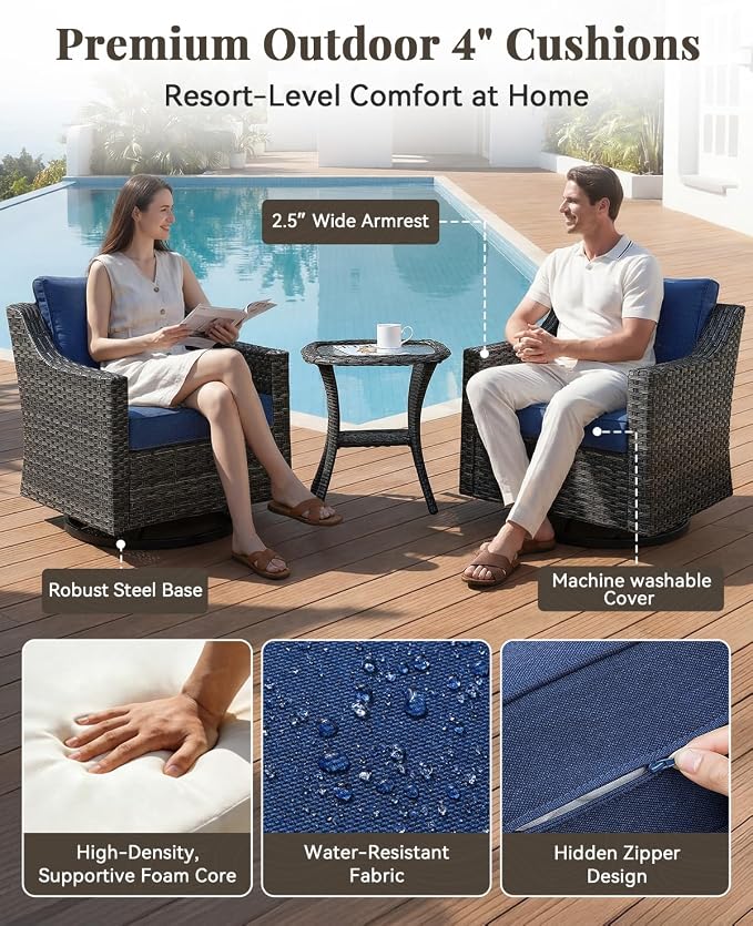 Patio Furniture Set 5 Pieces Luxury Outdoor Swivel Rocker Chairs and Ottomans, Easy Assembly Conversation Set for Porch Deck Balcony Yard in Gray Wicker and Blue Cushions