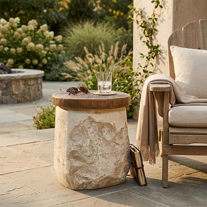 Elvira Outdoor Patio MGO Side Table, Stone-Effect Accent End Table with Faux Wood Grain Top, Beige Rustic Modern Side Stand for Balcony Garden Poolside Living Room Bedroom