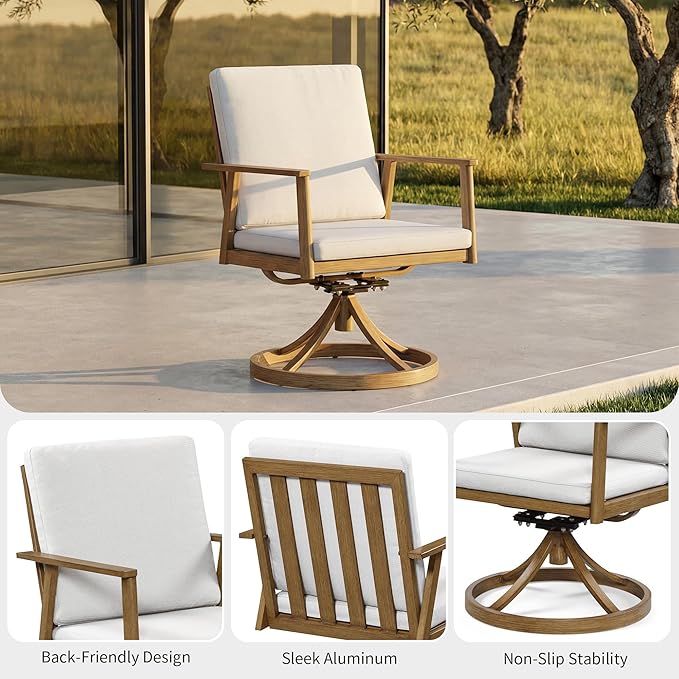51" Round Outdoor Dining Table Set, 7-Piece Aluminum Round Outdoor Table with 6 Swivel Chairs, Faux Wood Grain Patio Table with Umbrella Hole for Garden, Backyard, Poolside, Teak