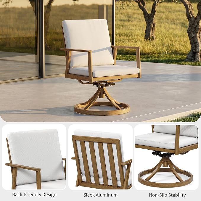 6-Piece Outdoor Table Set with 4 Swivel Chairs & 3-Person Bench, 8-Person Outdoor Rectangular Dining Table with Umbrella Hole, Patio Table Set with Chairs for Garden Backyard Proch, Teak