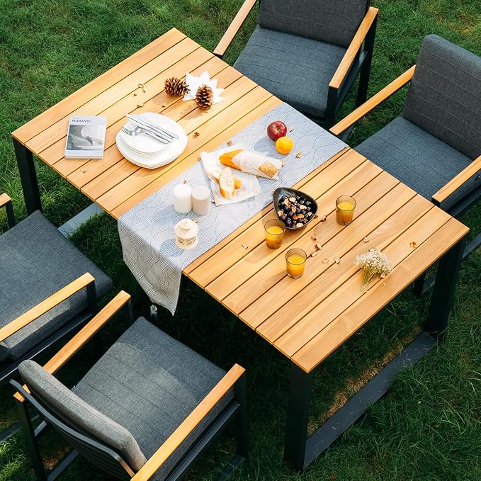 Outdoor Patio Dining Table 63" Rectangular Dining Table Aluminum Frame with Teak Wood Look Outdoor Rectangle Tables for 4-6 Person,Grey Frame