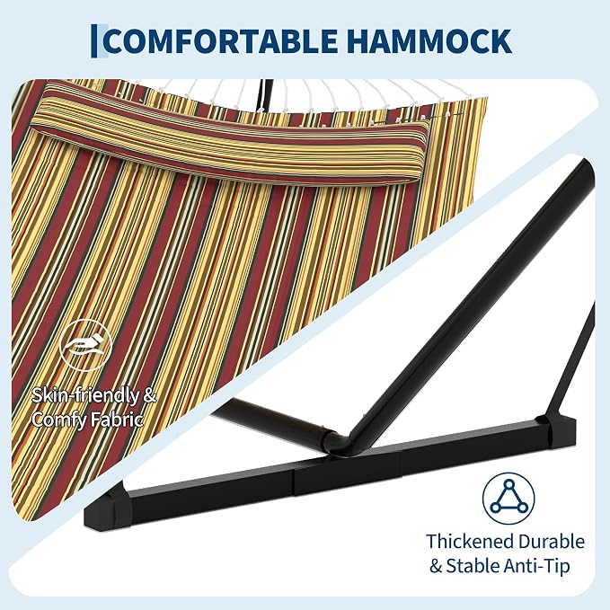 Double Hammock with Stand for 2 Persons, Outdoor Heavy Duty Hammock with Pillow & Balance Rope,450 Lbs Capacity Freestanding Hammock for Patio, Poolside Relaxation, Easy Assembly-Red and yellow stripe