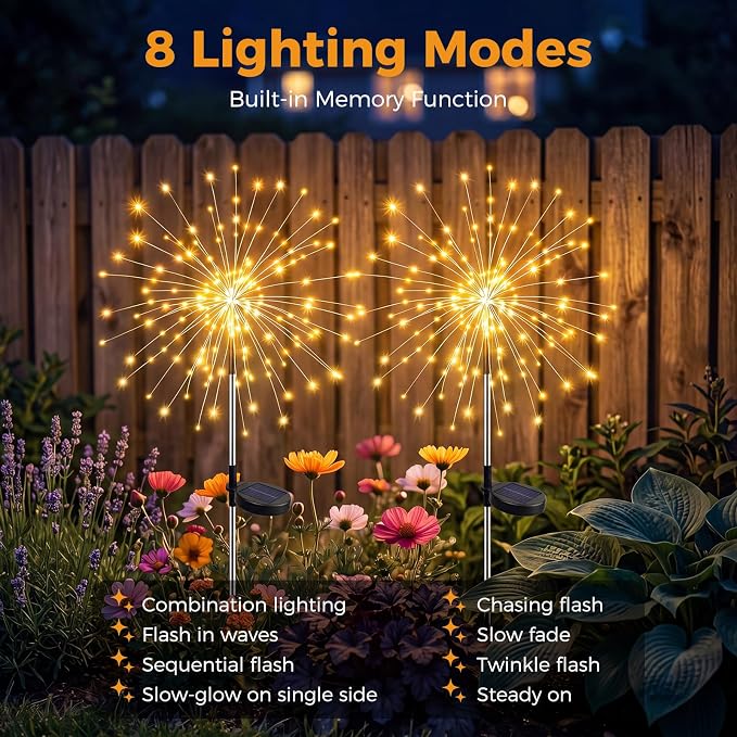 btfarm 3 Pack Solar Garden Lights Outdoor, 8 Modes Firework Lights Outside | 120LED, Waterproof Fairy Twinkle Light Solar Powered for Yard Christmas Pathway Lawn Pool Patio Decorative, Warm White