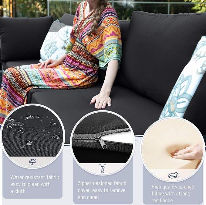 BULEXYARD 9 Pieces Highback Wicker Patio Furniture Set with Firepit, High Weight Capacity Outdoor Sectional Couch Sofa 8-Seater Modular, Plus Comfortable Wide Deep Deck Seating Group, Grey & Black