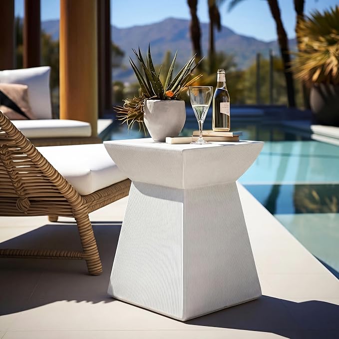 Outdoor Side Table Square Concrete Side Table Pedestal End Tables Cement Small Coffee Tables Patio Garden Stool Plant Stand for Porch, Backyard Balcony,15.2",White Antique Textured