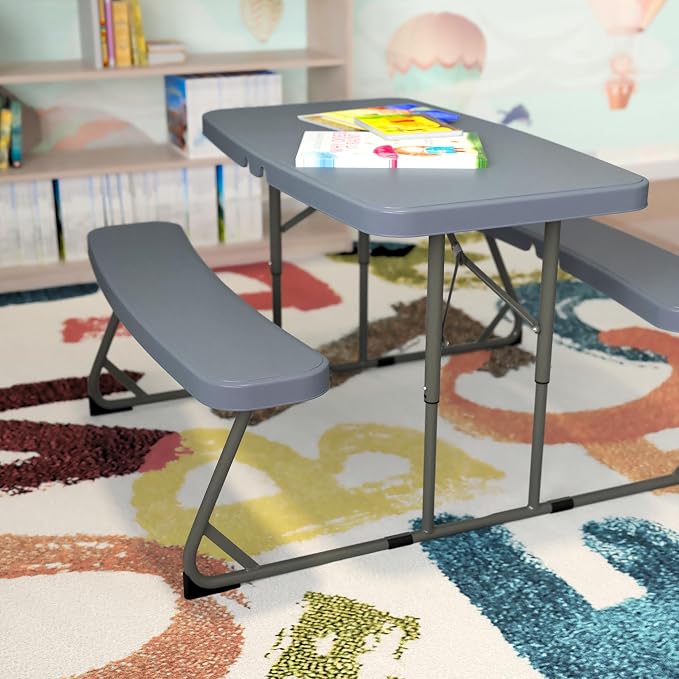 BizChair Easy-Fold Kids Outdoor Picnic Table and Benches - Commercial Grade Folding Plastic Play Table - Recommended for up to Age 5 - Gray
