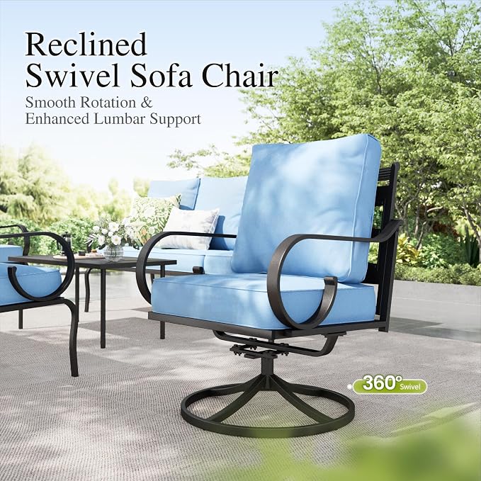 Sophia & William Patio Conversation Set for 5, 3-Seater Sofa, 2 Swivel Chairs and a Coffee Table, Metal Outdoor Furniture with 5.75" Extra Thick Cushions, Blue