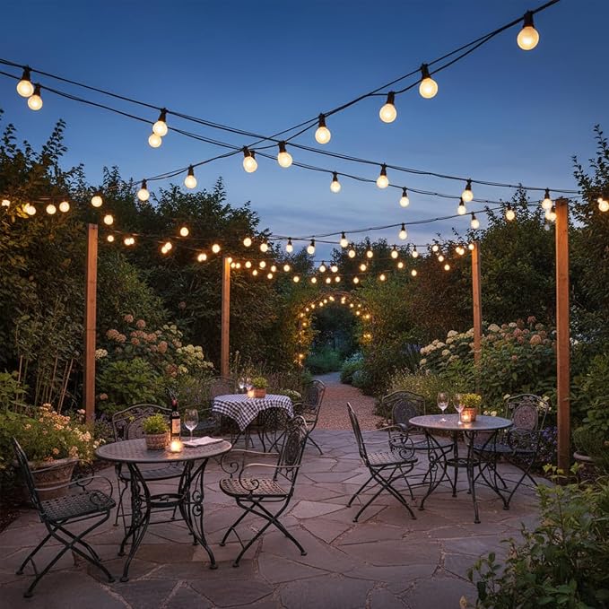 G40 Outdoor Frosted String Lights, 25FT, 25-Light, Black Wire | Soft Frosted Glow, IP44 Weatherproof, 5W Glass Incandescent Bulbs, E12 Bases, 2 Spares, End-To-End Connectable, for Bistro