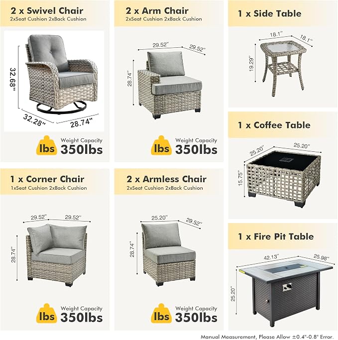 HOOOWOOO Sectional Patio Furniture Set with Fire Pit Table,10 Pieces Wicker Outdoor Furniture L Shaped Couch,Outside Conversation Set Extra Deep Seat Sofa Wide Arm Swivel Chair Solar Table,Dark Gray