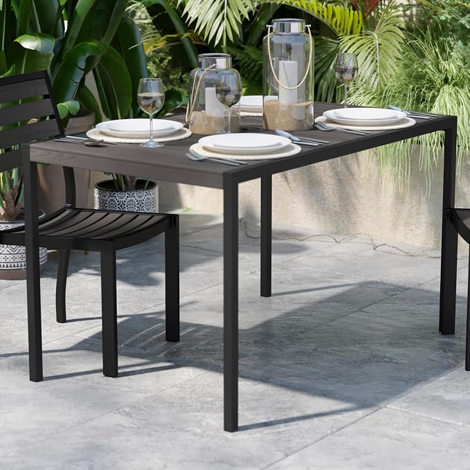 Flash Furniture Lark Commercial Outdoor Steel Dining Table with Umbrella Hole - Gray Wash Faux Teak Poly Slatted Top - Black Frame - 30x48 Table Seats up to 4 Adults