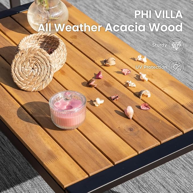 PHI VILLA Wicker Patio Furniture Set for 4, Rattan Small Patio Loveseat and Chairs with Acacia Wood Coffee Table, Outdoor Conversation Set with Cushion, Front Porch Furniture for Deck, Yard, Garden