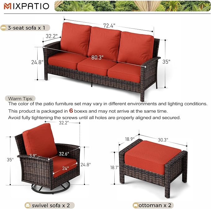 MIXPATIO 5-Piece Wicker Patio Furniture Set, High Back Outdoor Swivel Chairs with Comfy Ottoman, 5.5-inch Thick Cushion, All-Weather Wicker Patio Conversation Set for Deck Yard Pool, Red