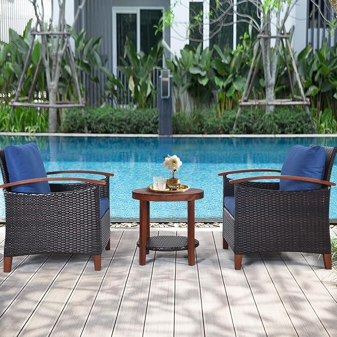HAPPYGRILL 3 Pieces Rattan Furniture Set Outdoor Patio Conversation Set Wicker Sofa Set with Cushion & Acacia Wood Frame, Table & Chairs Set for Garden Poolside Balcony
