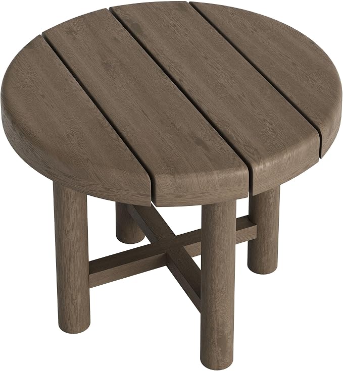 Modway Eleni 20-Inch Outdoor Teak Wood Side Table in Weathered Gray Teak – Round Patio End Table with Slatted Top for Patios, Decks, Or Gardens