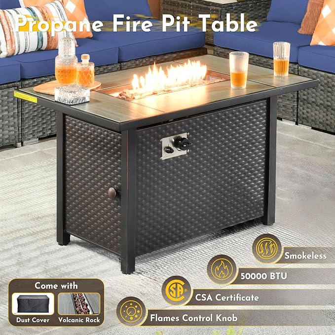 Weaxty 11 Piece Patio Furniture Set with Fire Pit Table, Outdoor Sectional Couch Swivel Rocker Patio Chairs with Coffee Table Wicker Conversation Sets for Balcony Backyard, Navy Blue
