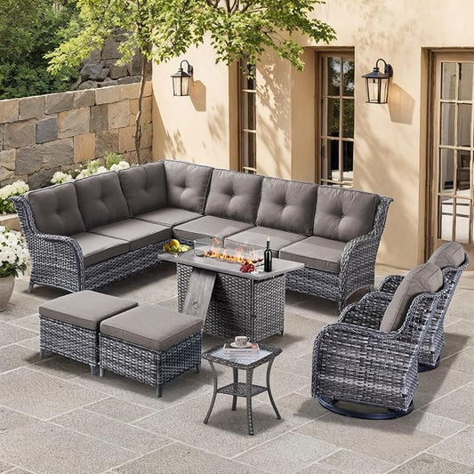 HUMMUH 8 Pieces Outdoor Patio Furniture Set with Fire Pit,L-Shaped Modular Sectional Couches with Swivel Patio Chairs,Wicker Conversation Set for Deck,Backyard,Porch,Garden