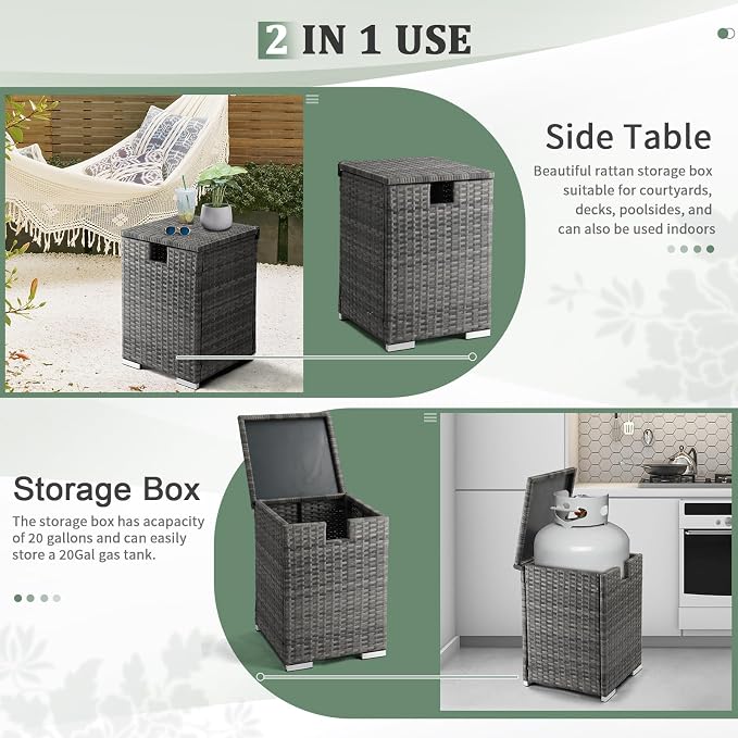 22.4in Outdoor Rattan Side Tables,Iron Frame Gas Bottle Storage Bin,Waterproof Patio Coffee Side Tables,All-Weather PE Wicker End Table,with Lid,for Garden Porch Poolside Deck Backyard (Gray)