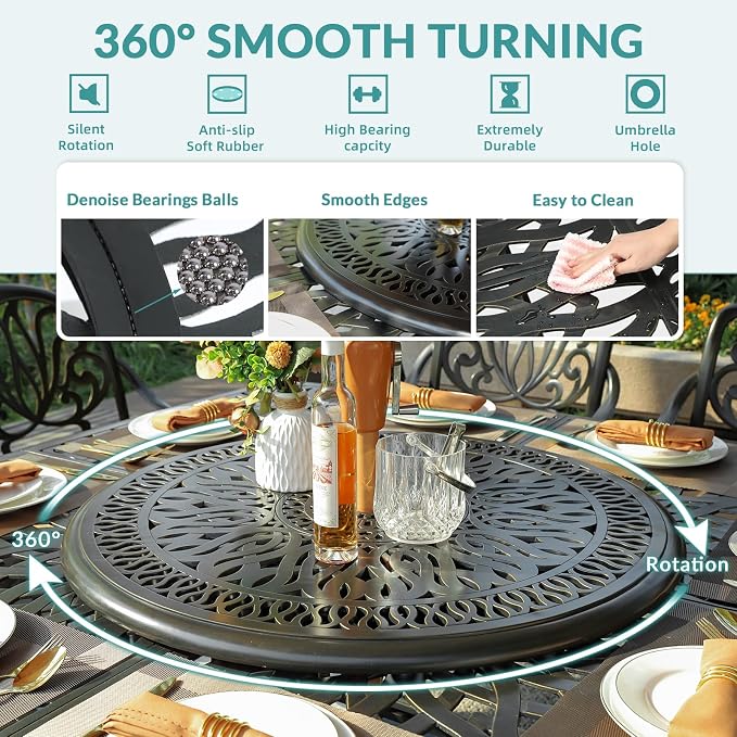 MEETWARM Outdoor 64" Square Patio Dining Table with Detachable Lazy Susan, All Weather Cast Aluminum Large Patio Furniture Table Set for 8 Seat with 35.4" Rotating Tray, Umbrella Hole, Dark Bronze