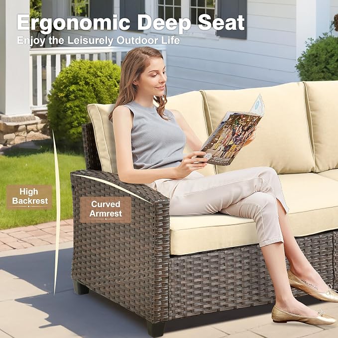 ovios 6 Pieces Patio Furniture Set, Outdoor Wicker Sofa Couch with Loveseat Comfy Cushions, All Weather Brown Rattan Conversation Set for Backyard Deck Porch, Beige