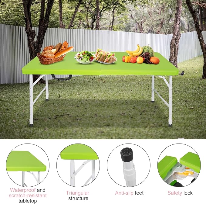 Portable 4Ft Folding Table, Heavy Duty Plastic Fold-in-Half Utility Foldable Table Small, Adjustable Height Plastic Folding Table with Carrying Handle for Camping & Party Indoor/Outdoor(Green)