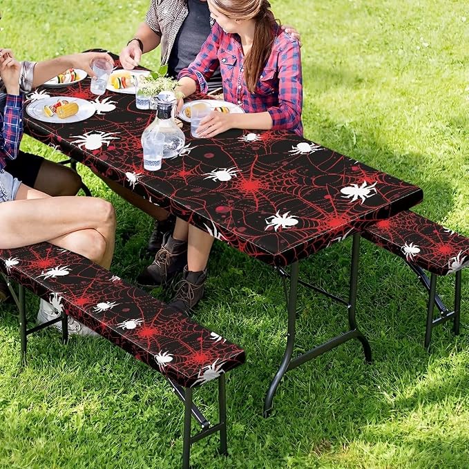 Spider Picnic Table Cover with Bench Covers Rectangle Halloween Fitted Picnic Table Cover with Bench Covers Washable Table Cover Outdoor Patio Camping Essentials 72x30 Inches