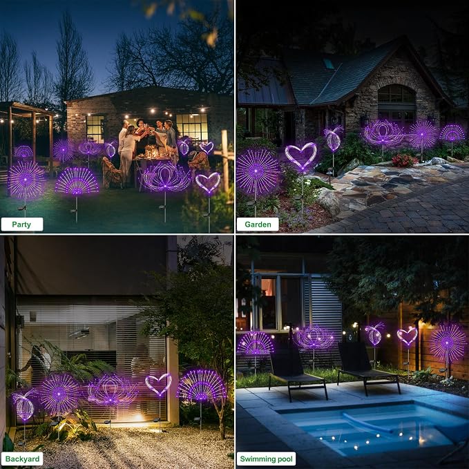 Slyuexu Solar Garden Lights Outdoor Waterproof, 2 Pack 120 LED Solar Firework Lights Decorative Garden Décor Outside for Flowerbed Pathway Party Christmas Decoration, Purple