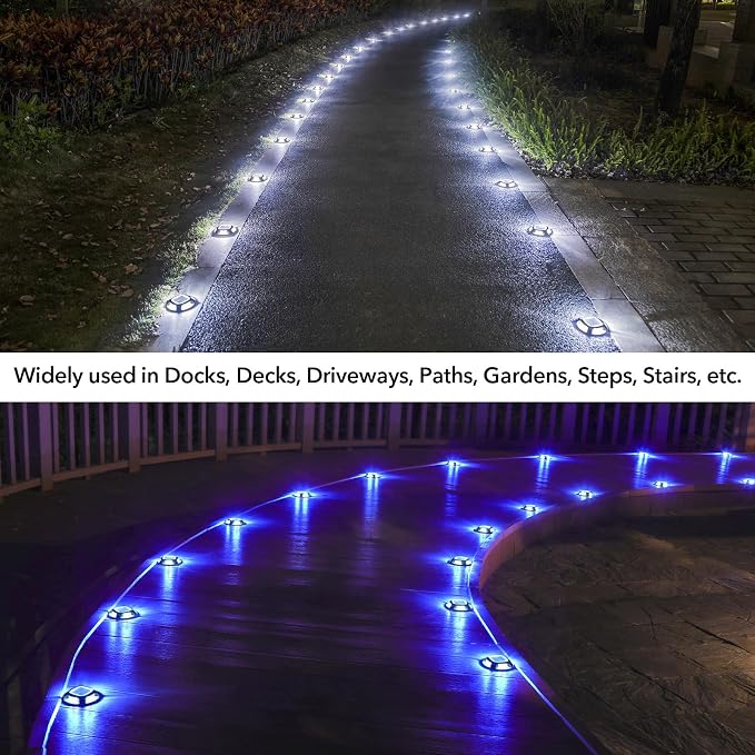 AGPTEK Solar Driveway Lights Outdoor 12 Pack, 2 Color Modes LED Deck Dock | Marine Waterproof Driveway Marker Lights for Step Sidewalk Stair Garden Pathway Walkway Yard (Blue Light/Cool White, Black)