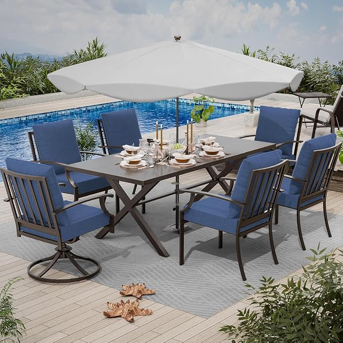 7 Piece Outdoor Dining Set for 6, Metal Patio Table and Chairs with Cushions, Patio Furniture Set with 2 Swivel Chairs, Rectangular Patio Dining Table with Umbrella Hole, Lawn Deck, Yard, Navy