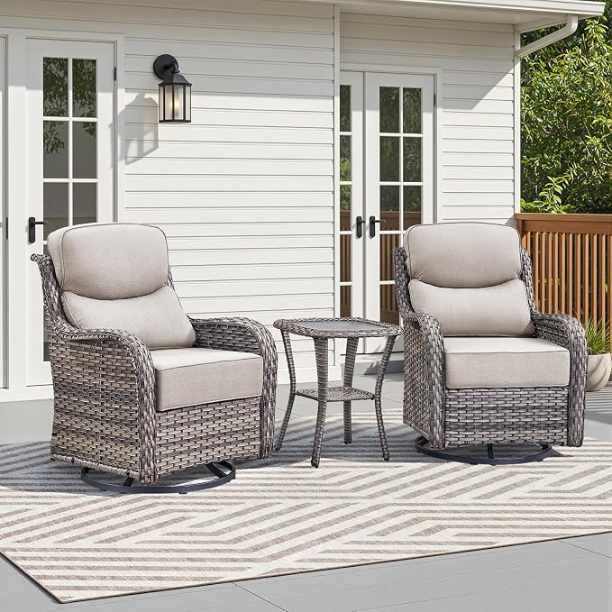 Luxury Outdoor Swivel Rocker Patio Chairs-3 Piece Wicker Patio Rocking Chairs Set of 2 with Glass Side Table 6" Thick Cushions High Back Outdoor Furniture Sets for Deck Porch Balcony(Grey/Beige)