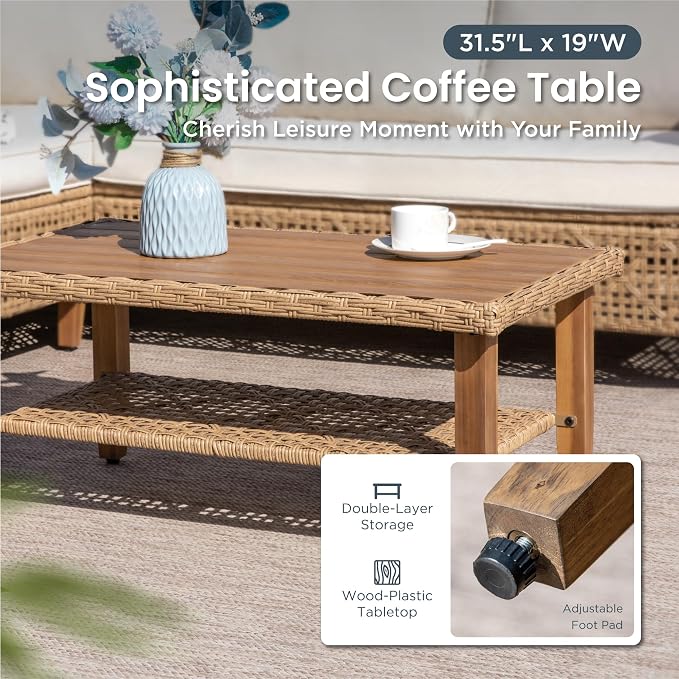 PHI VILLA Outdoor Sectional Couch, Wicker Patio Furniture Set with Acacia Wood Coffee Table, L-Shape Small Outdoor Conversation Corner Sofa Set for Deck Porch, Beige
