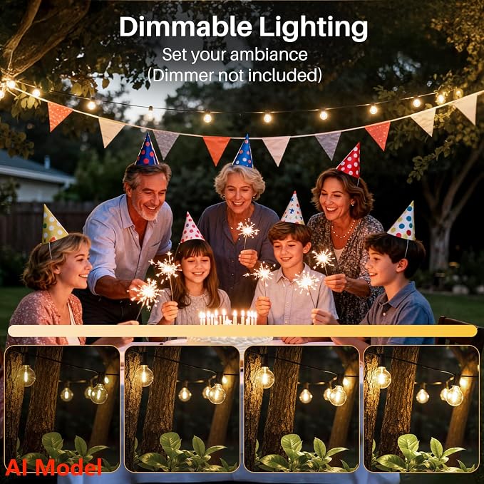 50 FT 2700K Outdoor String Lights,26 Plastic Edison Bulbs, E12 Base | G40 globe shatterproof bulbs, IP65 waterproof, dimmable LED, for backyard porch balcony party decor
