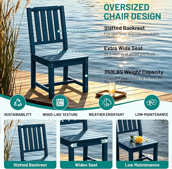 PLUUV 5-Piece Outdoor Dining Set – HDPE Patio Furniture with Aluminum Table, Umbrella Hole, and 4 Armless Chairs, All-Weather Resistant for Garden & Backyard, Navy Blue