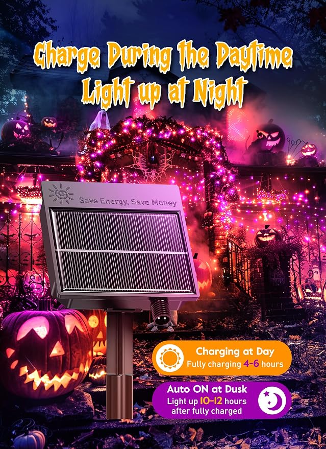240 LED Solar Fairy Lights Outdoor Waterproof IP65, 20FT 8 Lighting Modes | Solar Christmas Lights Outdoor Waterproof Cascading Twinkle Lights Balcony Garland Patio Christmas Decorations, Orange Purple