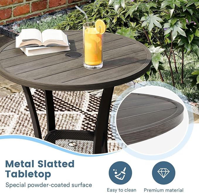 DIFY Patio Bar Height Table, Grey Wood-Like 28" Round Outdoor Pub Table with 1.57" Umbrella Hole for Bistro, Garden, Poolside and Balcony