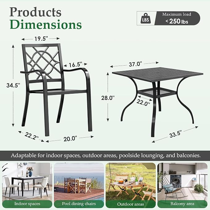 Crownland 7 Piece Outdoor Patio Metal Dining Sets, 6 Stackable Metal Chairs and Rectangular Outdoor Dining Table with 1.57" Umbrella Hole, for Backyard, Lawn, Garden (Classic Black)