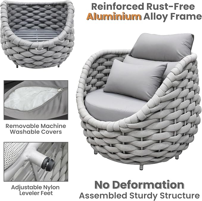 Front Porch Furniture Set: 3 Pieces Aluminum Patio Conversation Set - Assembled Outdoor Sofa Set - Woven Rope Armchair Couch Set - Modern Cushions Set for 400lbs Deck Balcony Bistro Hotel, Gray