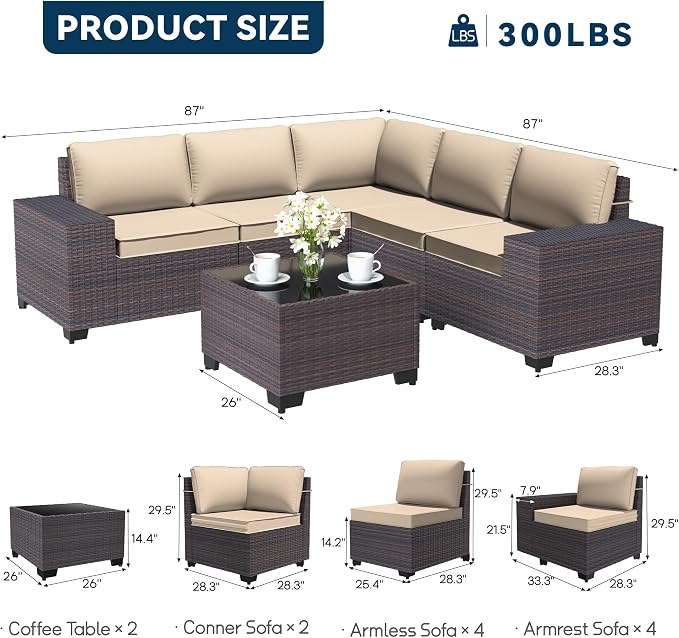 Patio Furniture Set 12 Pieces Outdoor Sectional Sofa Set,PE Rattan Wicker Patio Conversation Set with Thickened Cushions and Glass Coffee Table,Sand