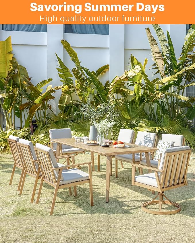 Outdoor Patio Dining Table for 8, Never-Rust Aluminum Outdoor Dining Table with 2.2" Umbrella Hole, 8 Person Outdoor Patio Dining Table Furniture for Decks, Garden, Porch, Lawn, Maple Wood