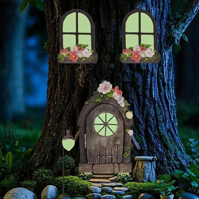 FESTGLOX Fairy Garden Door Windows for Tree Trunk Outdoor, Glow in the Dark | Fairy Garden Miniature Accessories for Tree, Resin Fairy House Kit with Fairy Lantern for Gnome, Yard, Lawn, Garden Decor
