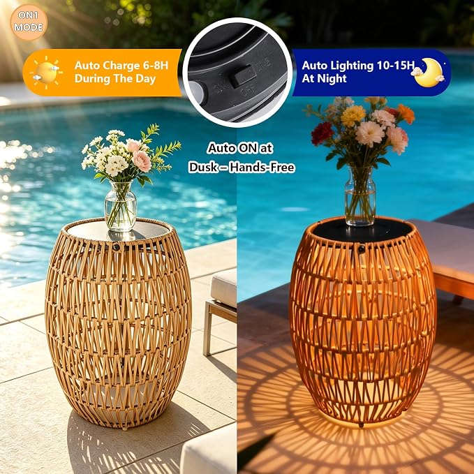 Solar Outdoor Side Table, Boho Handwoven Drum Rattan, 12.8" D x 16.9" H | 3-Color Temperature Light, Patio End Table, Dusk to Dawn Auto Sensor, IP65 Waterproof, For Porch Balcony Garden