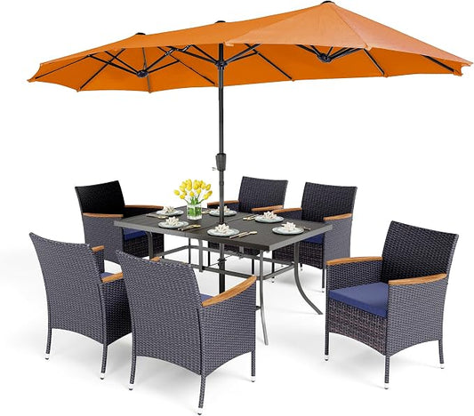 PHI VILLA 7pc Patio Dining Set w/Umbrella, Rectangular Table, Rattan Chairs | Outdoor Dining Set for 6, 60" Metal Table & 6 Cushioned Rattan Chairs with Red Umbrella for Outdoor, Deck, Yard, Porch