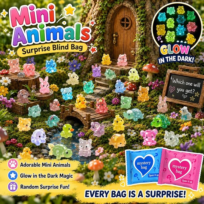 50 PCS Mystery Bag Mini Resin Animals, Glow in The Dark Tiny Animal Figurines Blind Bags Bulk, Cute Mini Resin Figures Surprise Box Toys for Kids, Classroom Prizes, Goodie Bag Stuffers, Party Favors