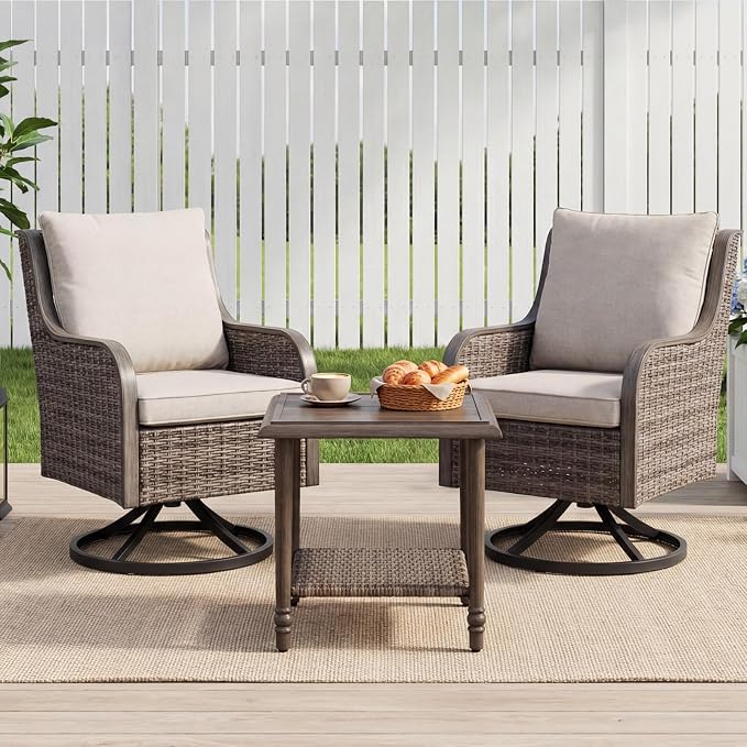 Loungewave Swivel PE Wicker Chairs, 3 Piece Patio Furniture Set, Outdoor Swivel Chairs Set of 2 with Rattan&Metal Side Table, Outdoor Furniture Set for Porch Balcony Garden Poolside (Brown/Beige)