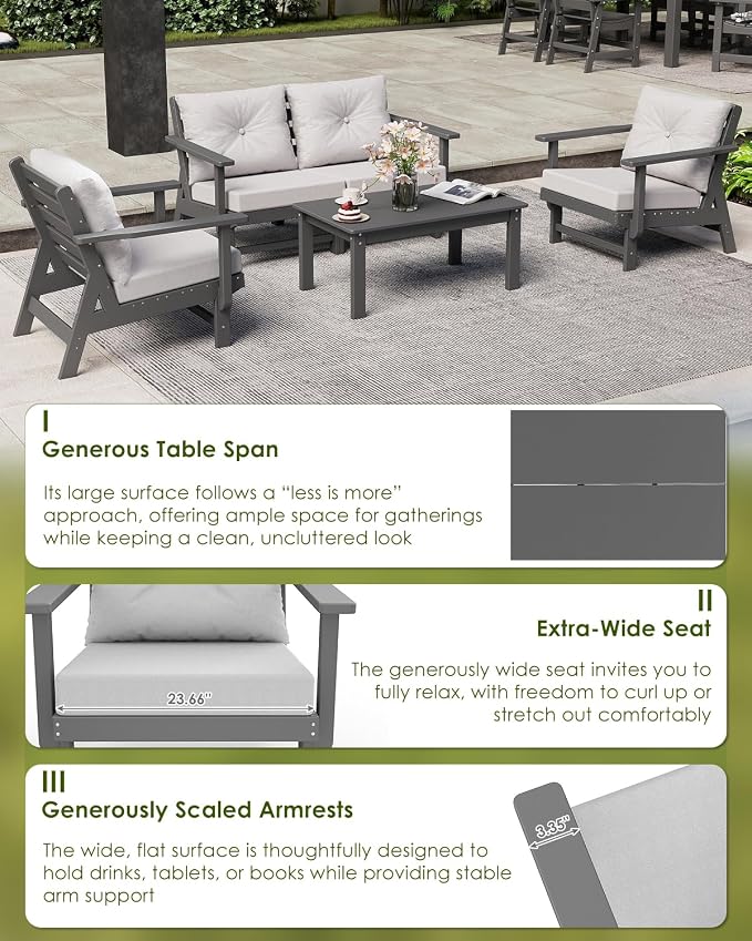 GREENVINES 5-Piece-Patio-Furniture-Set | HDPE Plastic | Outdoor Sectional Conversation Sets | All-Weather Couch | Sofa with Coffee Table | Detachable Armrests | for Deck Lawn | Gray