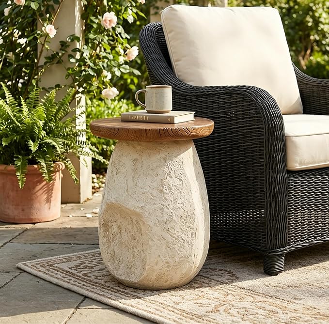 Merax Small Outdoor Patio Side Table, Modern MGO Round Accent End Table with Pear-Shaped Base & Faux Wood Grain Top, Beige Sculptural Finish, 19.3" Height Side Table for Poolish Garden Balcony