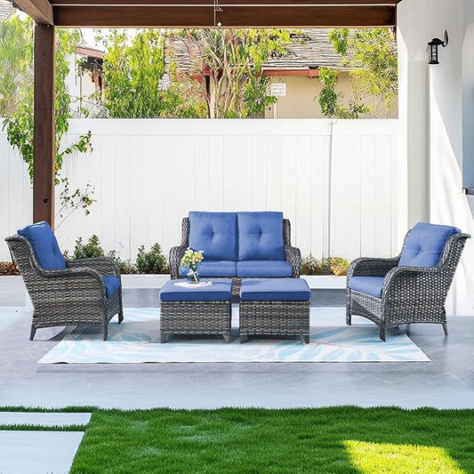 Belord Outdoor Wicker Furniture 5 Pieces Patio Furniture Set Patio Wicker Chairs with Ottomans Conversation Set for Porch Garden Deck Balcony Poolside
