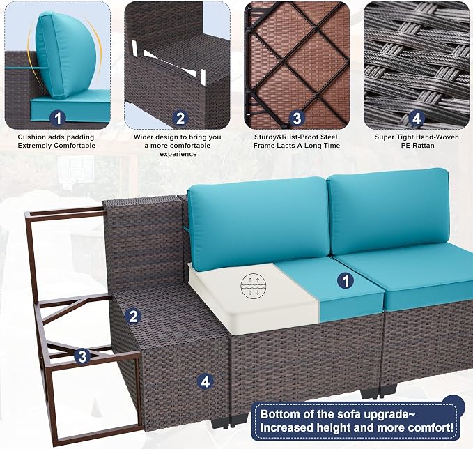 Kurapika 11 Pieces Patio Furniture Set, Rattan Wicker Outdoor Conversation Sets w/43in Propane Fire Pit Table and 4 Inch Cushion(Blue)