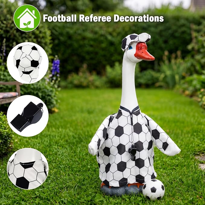 20" Large Porch Goose Statue + 2 Set Soccer Goose Outfits, Outdoor Statue, Football Match Decorations, Weather Resistant Yard Decor for World Cup Game Day Decor, Soccer Fan Gift