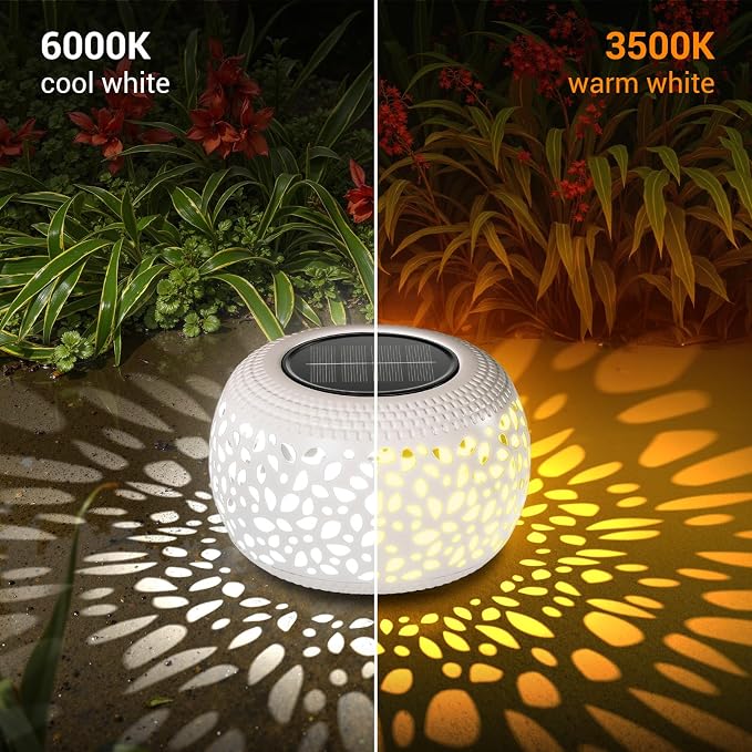 Solar Lanterns Outdoor Waterproof Lights: 2Pack White Hollow Out Metal Table Light, Outside Garden Yard Balcony Indoor Tabletop Lighting Decorations, Unique Gardening Gifts for Women Mom