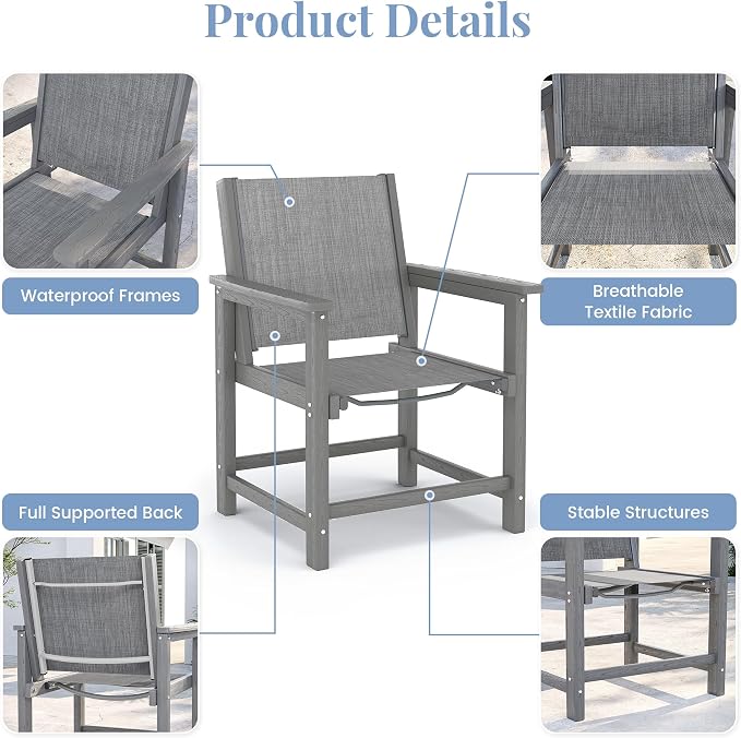 Amopatio Outdoor HDPE Dining Chairs Set of 4 All-Weather Patio Chairs with Textilene Backrest Heavy Duty for Porch Backyard Deck Lawn Garden, Gray